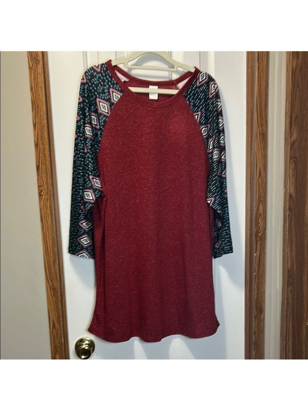 Sunshine and Rodeos Maroon Long Sleeve Top with Patterned Sleeves NWT